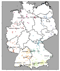 Durchschnittliche Technische Effizienz in 15 Produktionsclustern von ökologischen Futterbau-Betrieben in Deutschland (Quelle: eigene Berechnung)